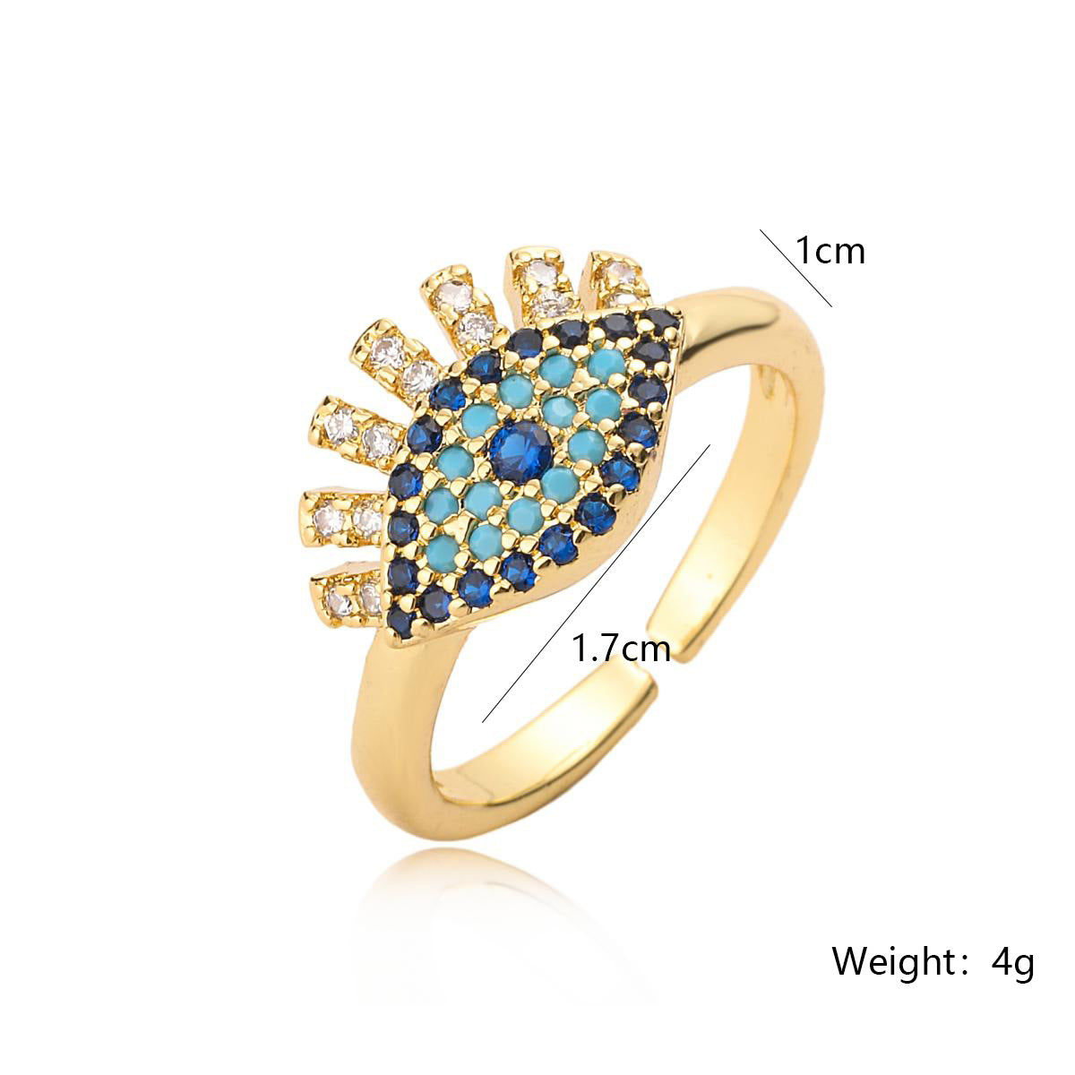 Trendy Copper Gold-Plated Zircon Devil's Eye Open Ring for Women, Niche Light Luxury Vintage Ring