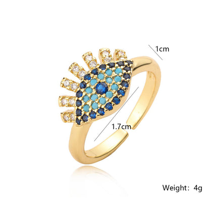 Trendy Copper Gold-Plated Zircon Devil's Eye Open Ring for Women, Niche Light Luxury Vintage Ring