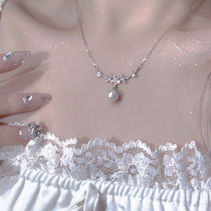 Zircon Flower Branch Pearl Necklace for Women