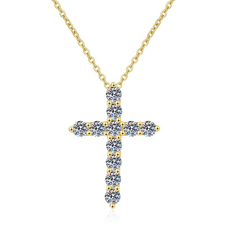 S925 Sterling Silver Women's Necklace Vintage Moissanite Pendant Guardian Peace Cross Clavicle Chain