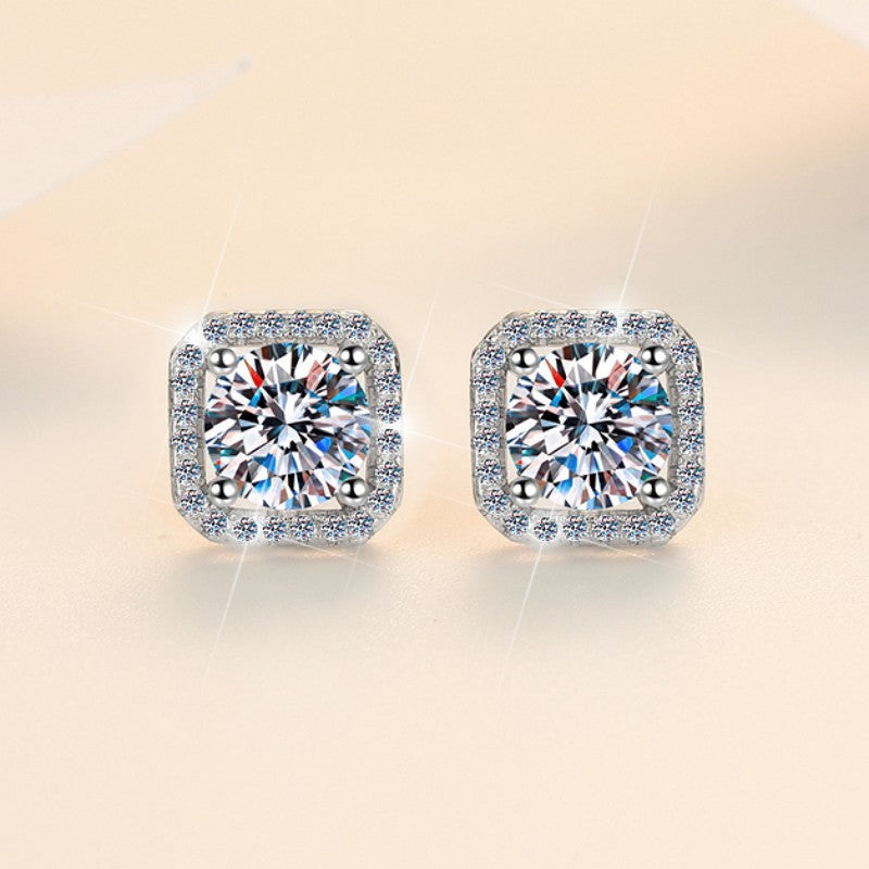 S925 Sterling Silver Earrings for Women with Moissanite, Square Simple Fashion Square Bag Earrings