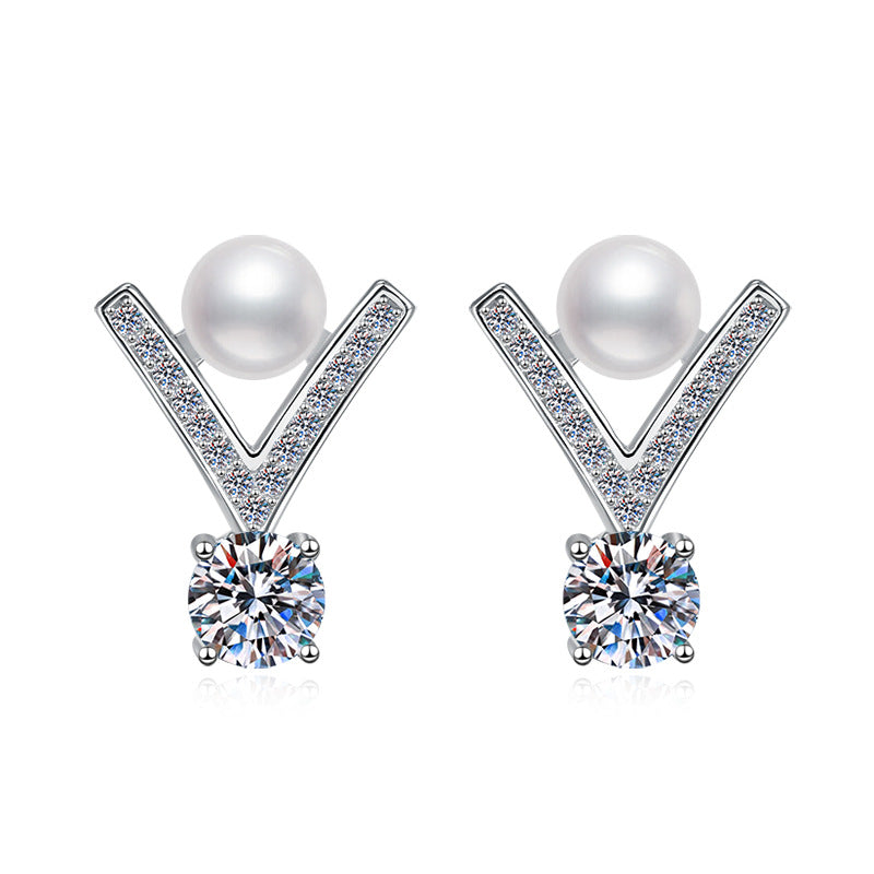 Sterling Silver Earrings V-Shaped Freshwater Pearl Earrings Inlaid with D Color Moissanite Elegant Light Luxury Women's Fashion Earrings