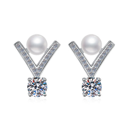 Sterling Silver Earrings V-Shaped Freshwater Pearl Earrings Inlaid with D Color Moissanite Elegant Light Luxury Women's Fashion Earrings