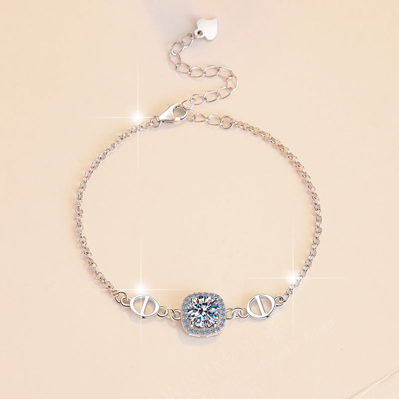 S925 Sterling Silver Women's Bracelet Pig Nose Accessories Square Bangle Southeast Niche Bracelet Moissanite