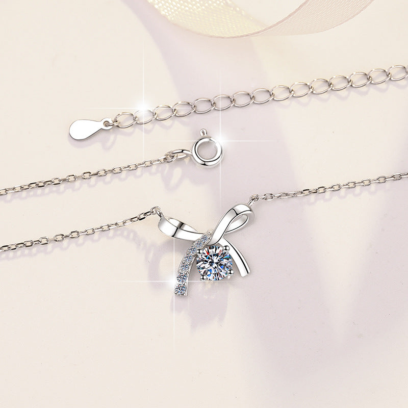 S925 Sterling Silver Necklace for Women with Bowknot Chain, High-end Fashion Jewelry Manufacturer, Moissanite Pendant Wholesale Cross-border