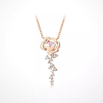 Rose Cloud Pink Diamond Rose Flower Necklace for Women