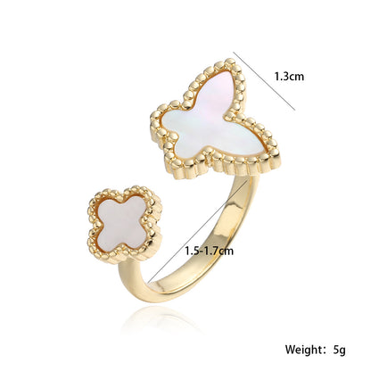 Vintage Copper Plated 18K Gold Zircon Heart Butterfly Geometric Open Ring for Women Personality Ring