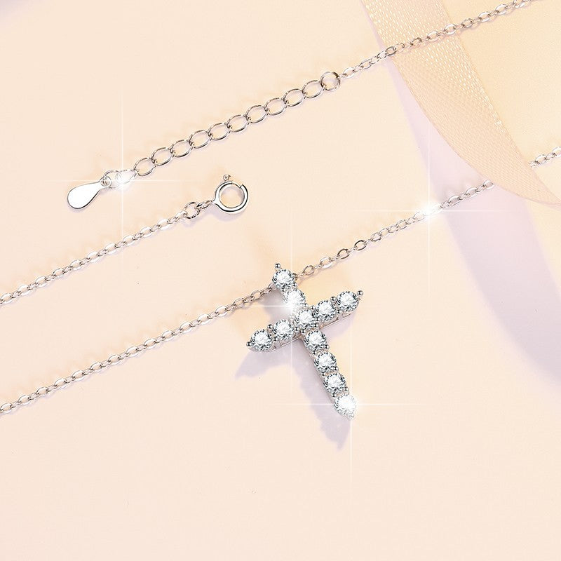 S925 Sterling Silver Women's Necklace Vintage Moissanite Pendant Guardian Peace Cross Clavicle Chain