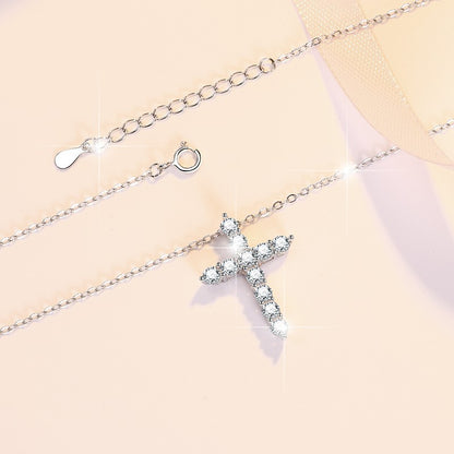 S925 Sterling Silver Women's Necklace Vintage Moissanite Pendant Guardian Peace Cross Clavicle Chain