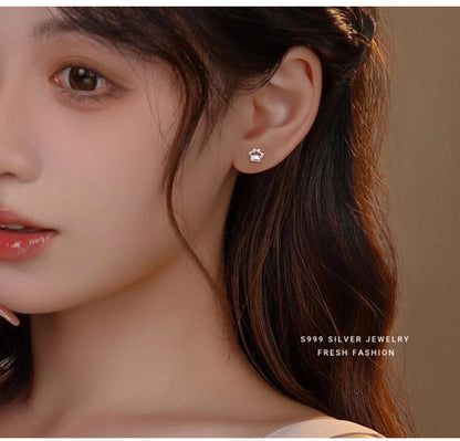 S925 Sterling Silver Needle Small Cat Paw Earrings for Women