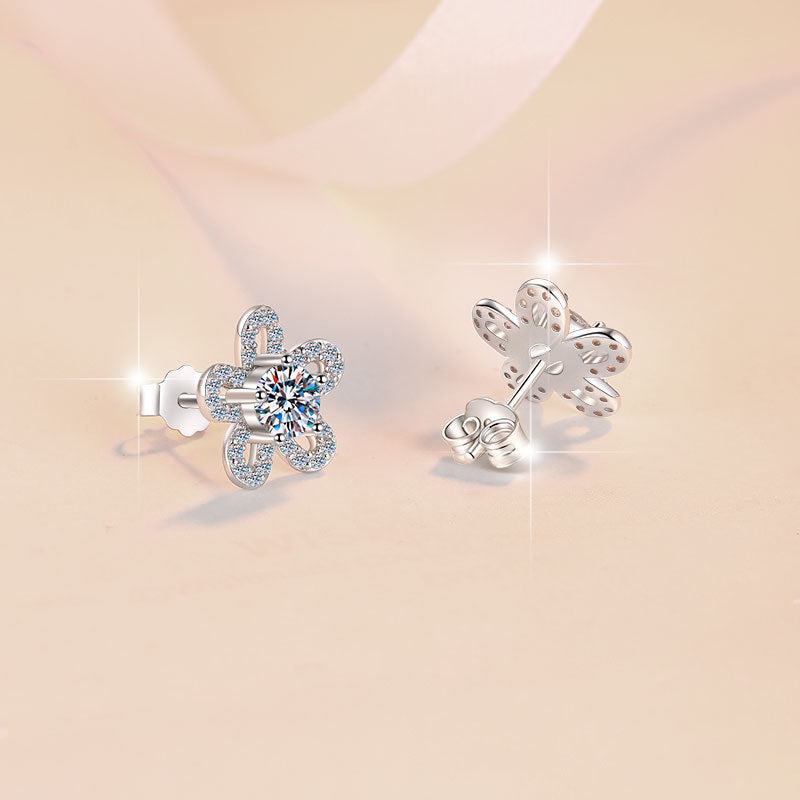 S925 Sterling Silver Earrings Floral Five-Leaf Clover Micro Pave Niche Design High-End Moissanite Women's Earrings
