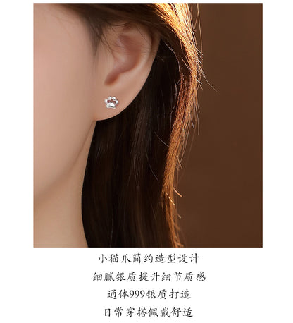 S925 Sterling Silver Needle Small Cat Paw Earrings for Women