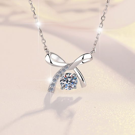 S925 Sterling Silver Necklace for Women with Bowknot Chain, High-end Fashion Jewelry Manufacturer, Moissanite Pendant Wholesale Cross-border