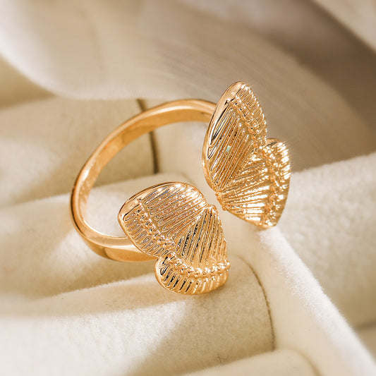 Vintage Copper Plated 18K Gold Butterfly Shape Open Ring for Women, Niche High-end Personality Ring