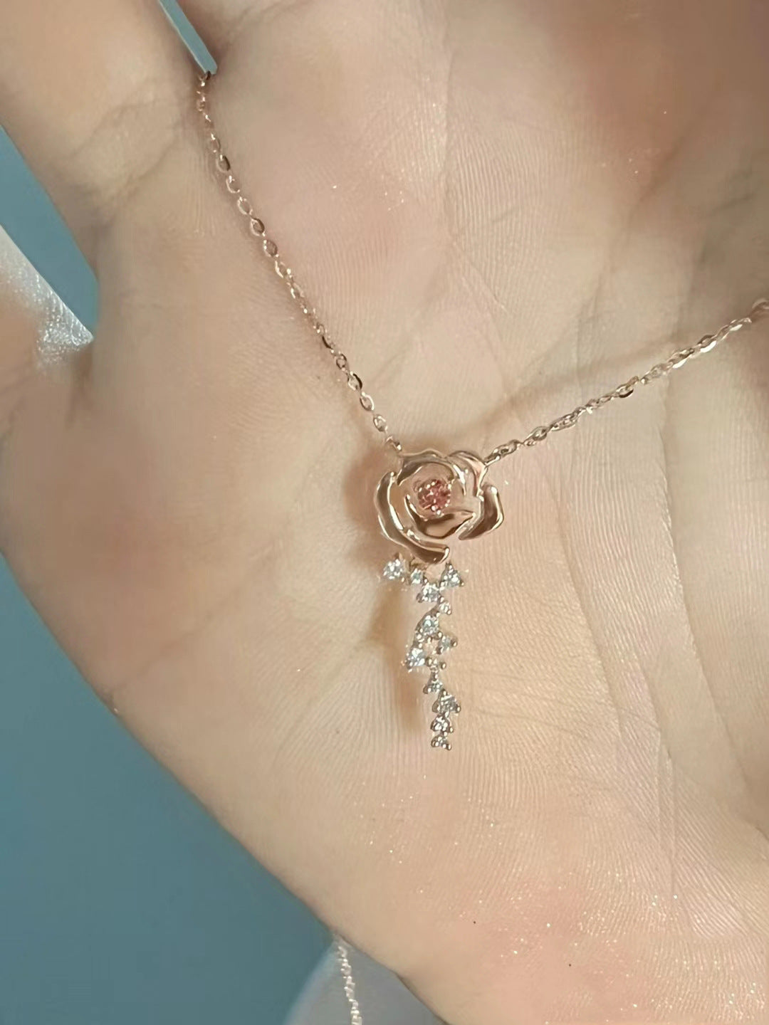 Rose Cloud Pink Diamond Rose Flower Necklace for Women