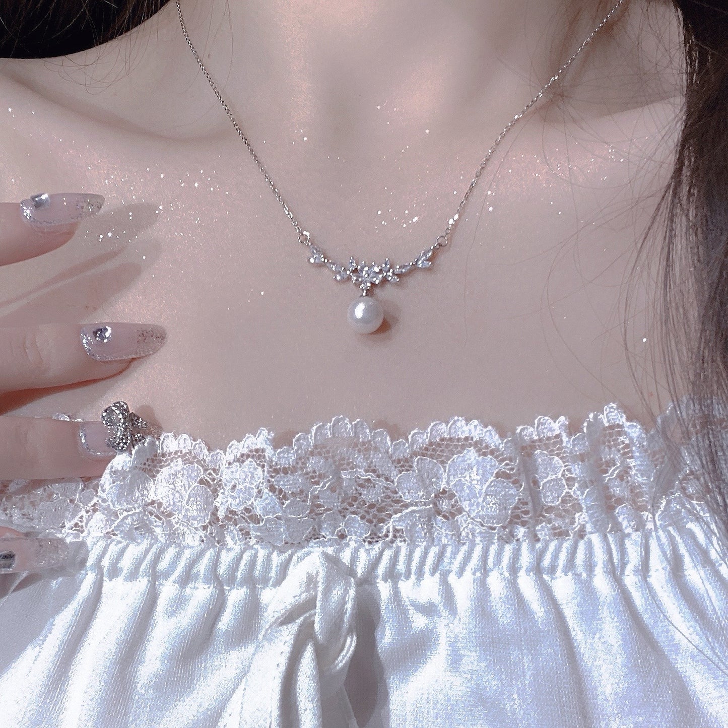Zircon Flower Branch Pearl Necklace for Women