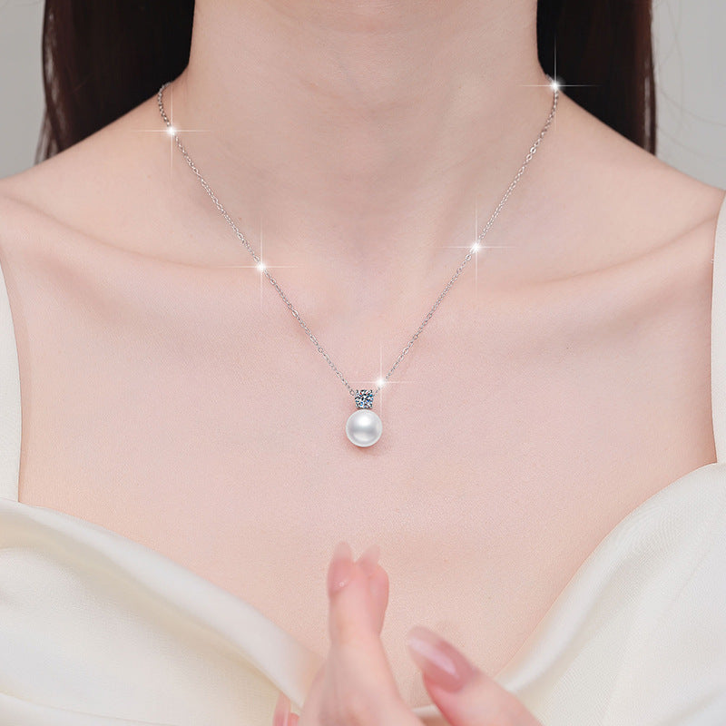 Summer New Freshwater Pearl Simple Korean Version Moissanite Collarbone Chain Factory Source S925 Sterling Silver Necklace Wholesale