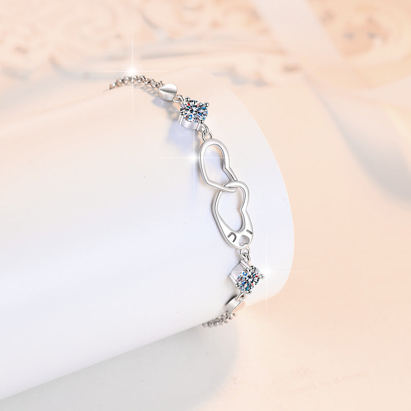 Korean Version Moissanite Bracelet for Women 1 Carat Heart-Shaped Double Ring Bracelet s925 Sterling Silver