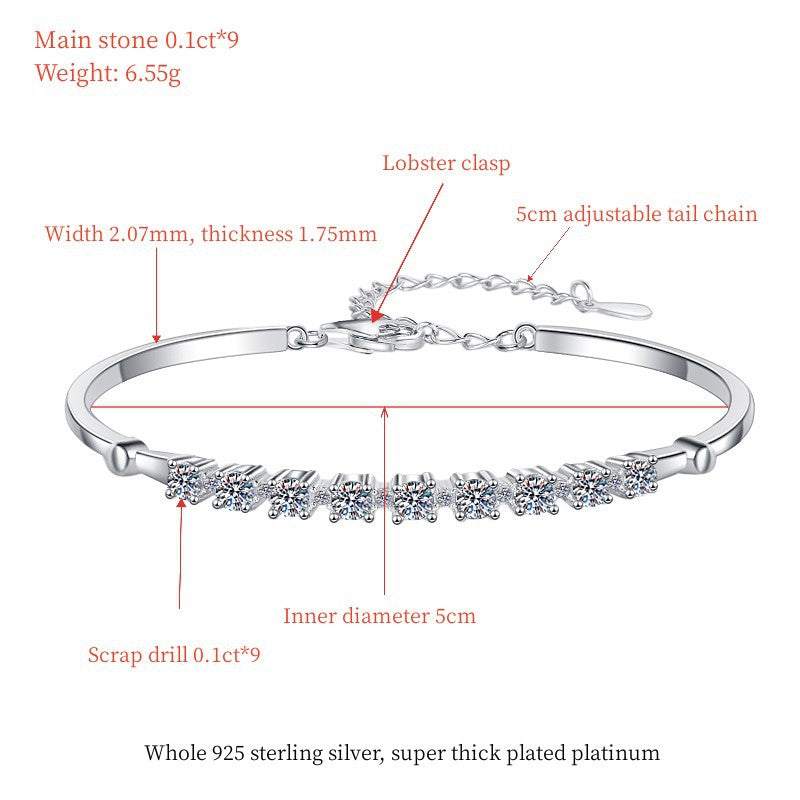 S925 Sterling Silver Bracelet Adjustable Personality Fashion Jewelry Wholesale Live Streaming Cross-Border Moissanite Bracelet for Women