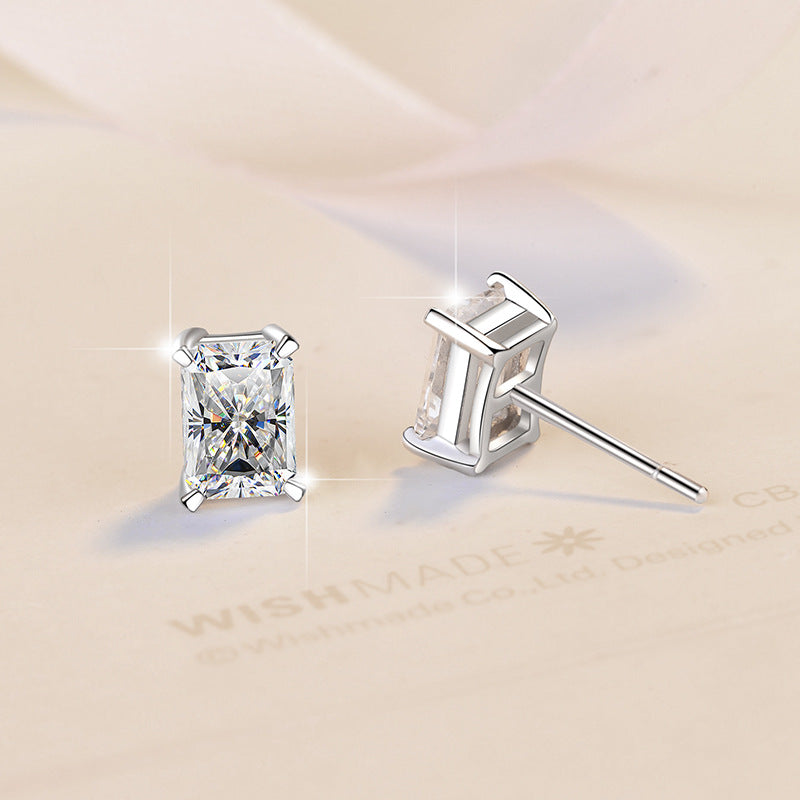 Moissanite Earrings Radiant Rectangular Stone Fashion Light Luxury Jewelry S925 Silver Stud Earrings