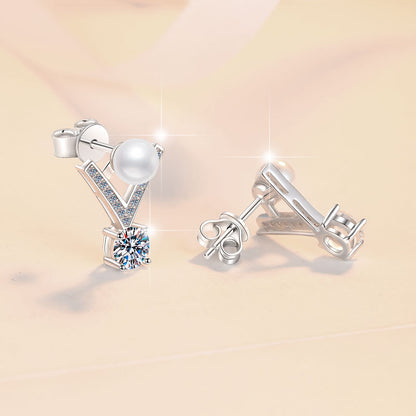Sterling Silver Earrings V-Shaped Freshwater Pearl Earrings Inlaid with D Color Moissanite Elegant Light Luxury Women's Fashion Earrings