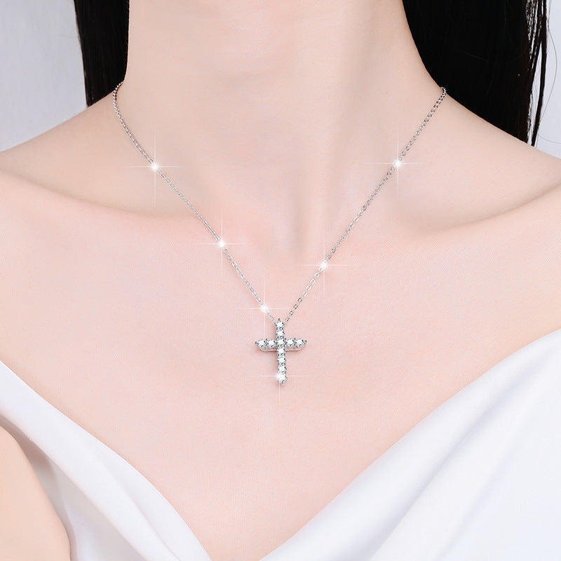 S925 Sterling Silver Women's Necklace Vintage Moissanite Pendant Guardian Peace Cross Clavicle Chain