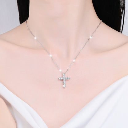 S925 Sterling Silver Women's Necklace Vintage Moissanite Pendant Guardian Peace Cross Clavicle Chain