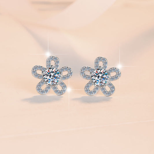 S925 Sterling Silver Earrings Floral Five-Leaf Clover Micro Pave Niche Design High-End Moissanite Women's Earrings