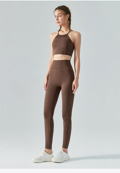 Women's High Waist Yoga Leggings - Double-sided Brushed Booty Lifting Fitness Pants for Running & Sports Green Brown White