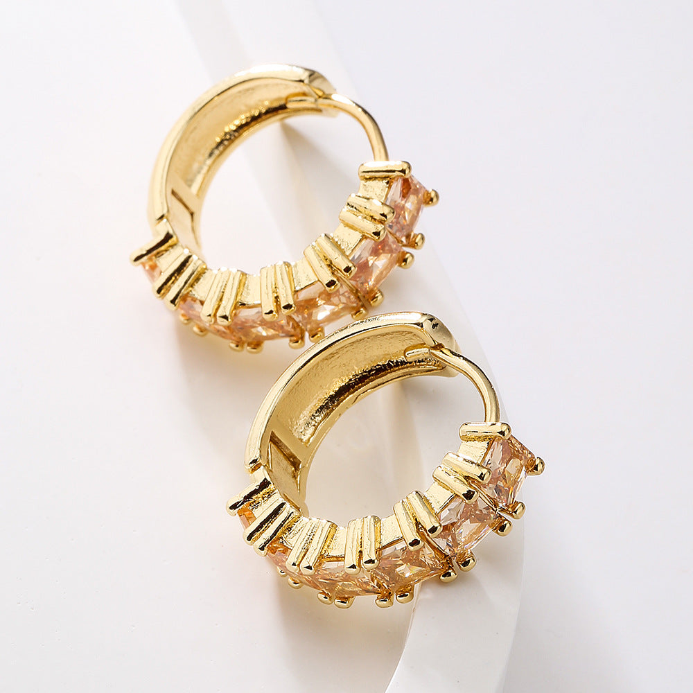 18K Gold Plated Copper Zircon Hoop Earrings for Women, High-End Vintage Earrings
