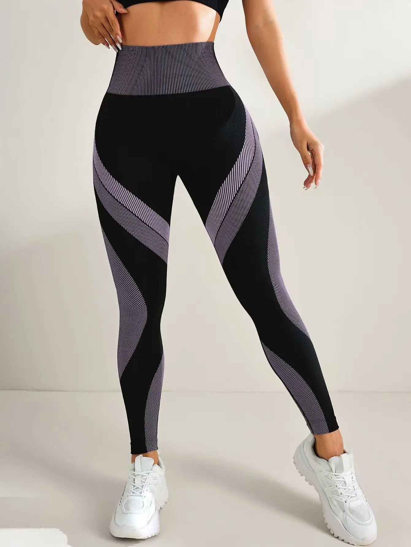 New High Waisted Yoga Pants for Women, Seamless Tummy Control Leggings, Side Stripes Sports Fitness Tights, Butt Lifting Workout