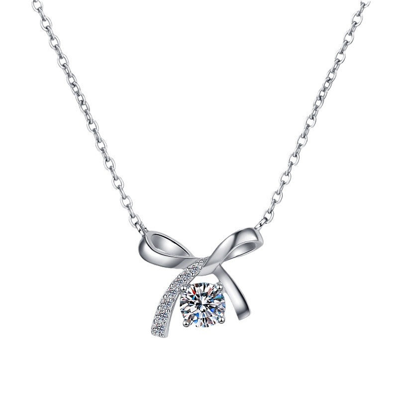 S925 Sterling Silver Necklace for Women with Bowknot Chain, High-end Fashion Jewelry Manufacturer, Moissanite Pendant Wholesale Cross-border