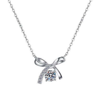 S925 Sterling Silver Necklace for Women with Bowknot Chain, High-end Fashion Jewelry Manufacturer, Moissanite Pendant Wholesale Cross-border
