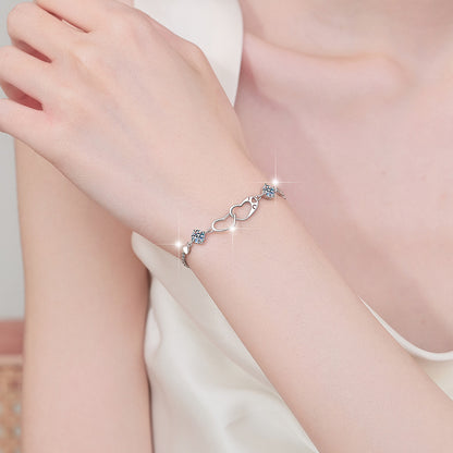 Korean Version Moissanite Bracelet for Women 1 Carat Heart-Shaped Double Ring Bracelet s925 Sterling Silver