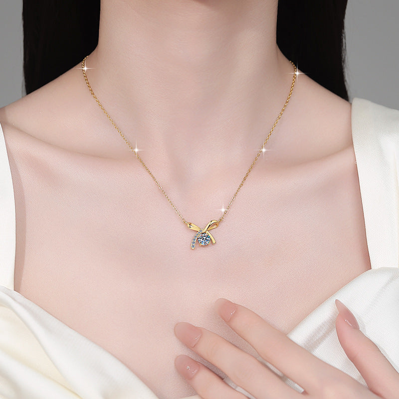 S925 Sterling Silver Necklace for Women with Bowknot Chain, High-end Fashion Jewelry Manufacturer, Moissanite Pendant Wholesale Cross-border