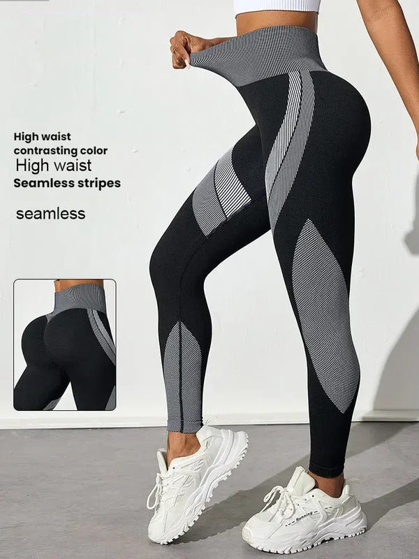 New High Waisted Yoga Pants for Women, Seamless Tummy Control Leggings, Side Stripes Sports Fitness Tights, Butt Lifting Workout