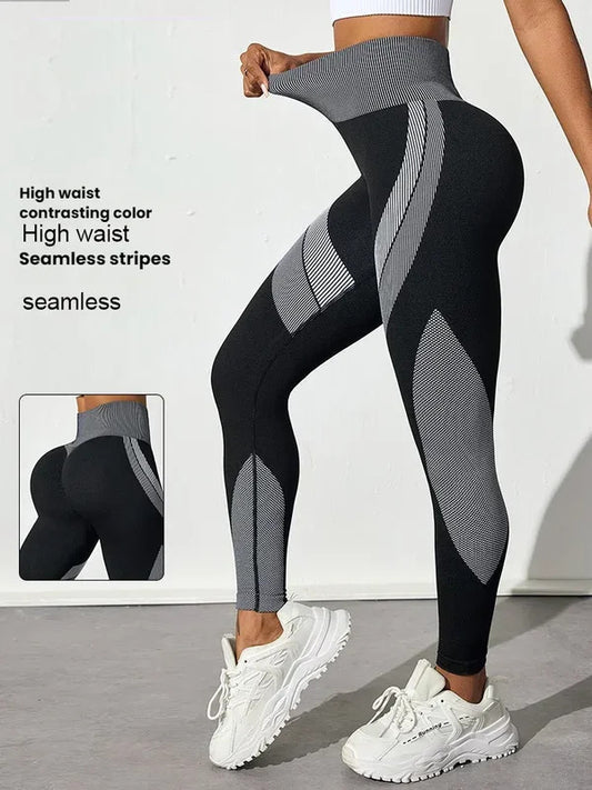 New High Waisted Yoga Pants for Women, Seamless Tummy Control Leggings, Side Stripes Sports Fitness Tights, Butt Lifting Workout