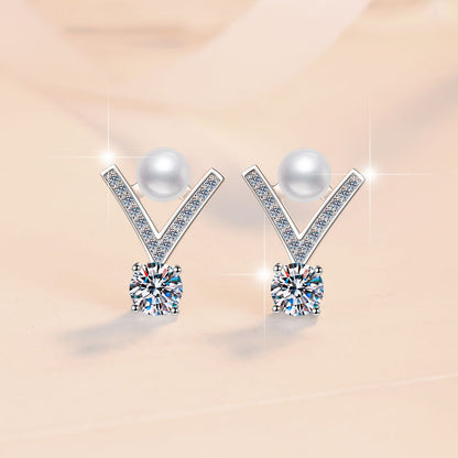 Sterling Silver Earrings V-Shaped Freshwater Pearl Earrings Inlaid with D Color Moissanite Elegant Light Luxury Women's Fashion Earrings